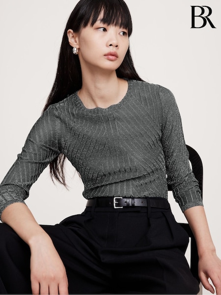 Banana Republic Black Metallic Ribbed Long Sleeve Top (AV8646) | €77