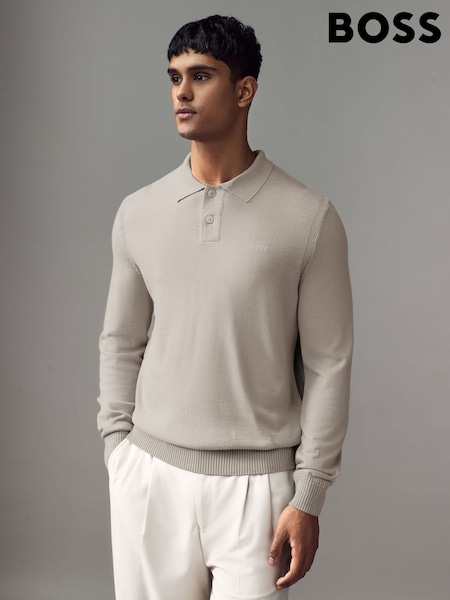BOSS Natural Wool Blend Embroidered Logo Long Sleeve Knitted Polo Shirt (AV8705) | AED404