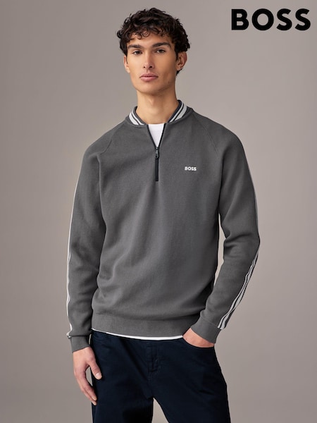 BOSS Grey Tape Quarter Zip Contrast Neck Stretch Knit 100% Cotton Jumper (AV8708) | AED550