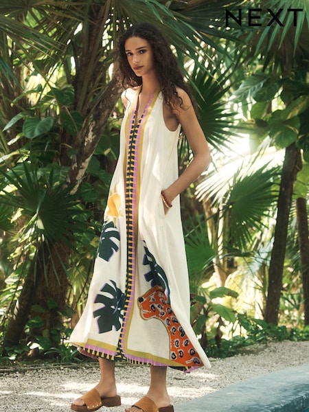 Tropical Leopard Placement Print Halterneck Maxi Dress With Linen (AV8709) | LEI 313