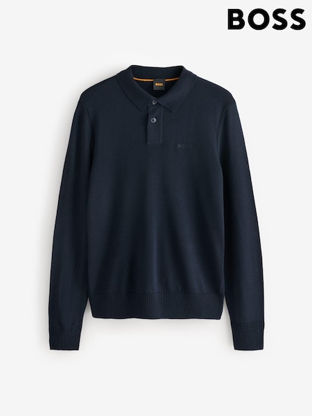 BOSS Blue Wool Blend Embroidered Logo Long Sleeve Knitted Polo Shirt (AV8710) | €83