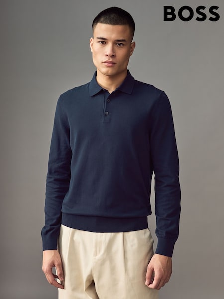 Albastru - BOSS Regular-Fit Knit Polo 100% Cotton Sweater In Jersey (AV8711) | 828 LEI