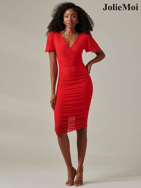 Jolie Moi Red Plain Angel Sleeve Ruched Bodycon Dress (AV8745) | €47.50
