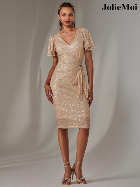 Jolie Moi Side Tie Flare Sleeves Sequin Dress (AV8775) | €95