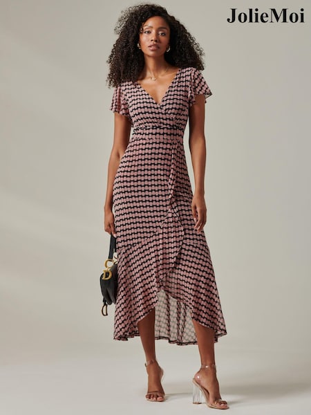 Jolie Moi Geo Print Ruffle Hem Mesh Maxi Dress (AV8776) | €56