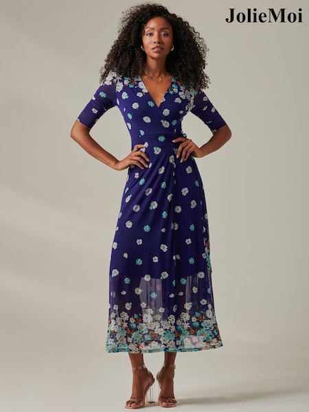 Jolie Moi Dark Blue Stella Floral Print Wrap Mesh Maxi Dress (AV8777) | AED230