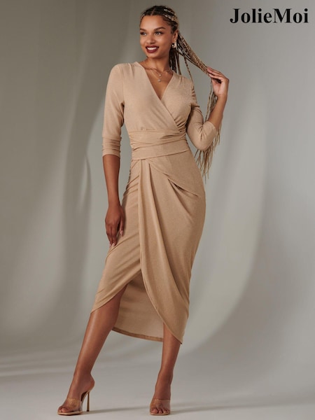 Jolie Moi Nude Wrap Ruched Sparkly Jersey Dress (AV8780) | 148 QAR