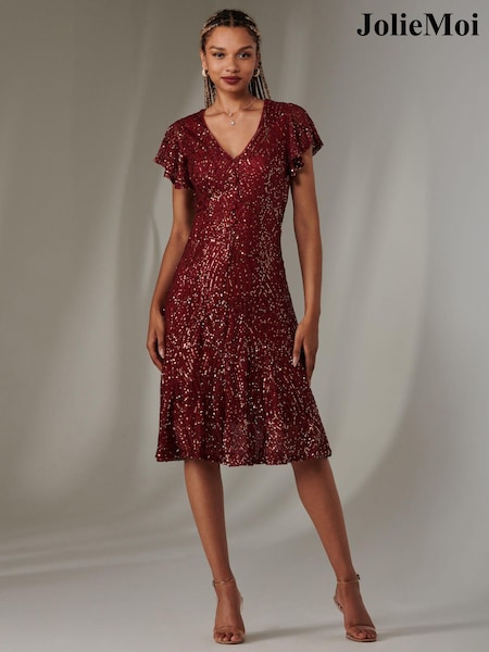 Roșu - Rochie Jolie Moi cu decolteu în V, croială fit & evazată, cu paiete (AV8783) | 250 LEI