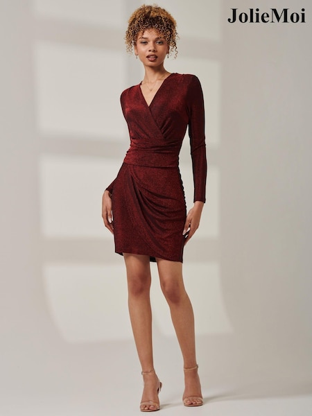 Jolie Moi Red Metallic Long Sleeves Knee Length Dress (AV8793) | 136 QAR