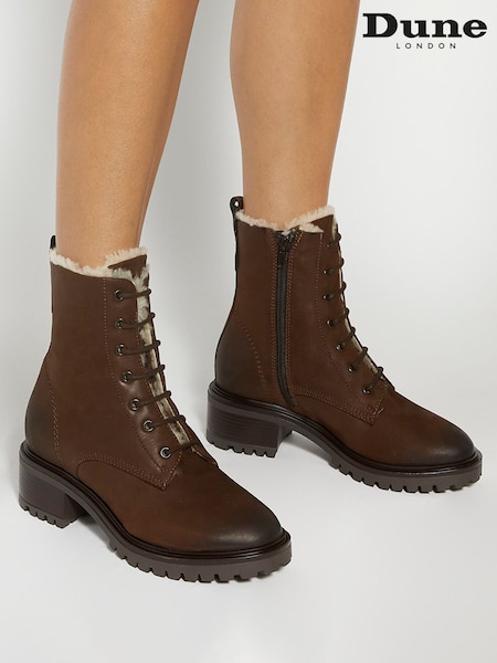 Dune London Brown Paniz Lace Up Block Mid Heel Boots (AV8852) | €115