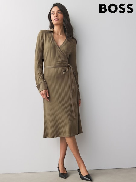 BOSS Brown Knitted Jersey Ribbed Wrap Belt Dress (AV8853) | €366
