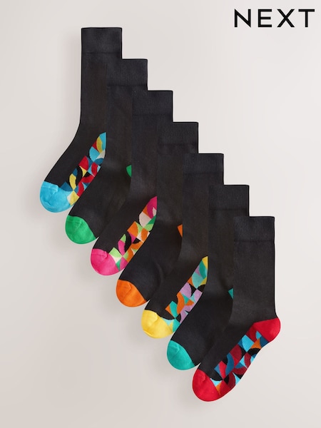 Bright Red/Green Geo 7 Pack Mens Cotton Rich Black Socks (AV8897) | €19