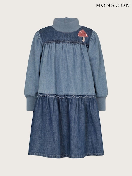Monsoon Blue Long Sleeves Tiered Denim 100% Cotton Dress (AV8919) | AED128 - AED142