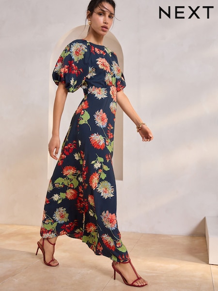 Navy Blue Floral - Puff Sleeve Midi Dress