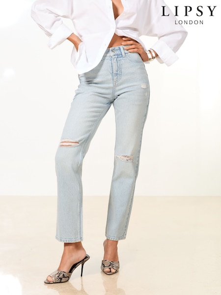 Lipsy Bleach Wash Sculpting High Waist Straight Leg Jeans (AV9117) | $86