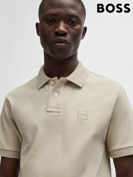 Natural - BOSS Slim Fit Passenger Logo Patch Pique Polo Shirt (AV9174) | 411 LEI