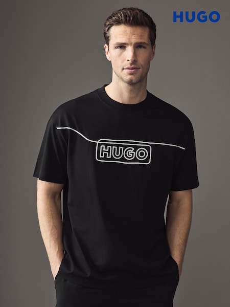 HUGO Black Chain Stitch Logo Terry 100% Cotton T-Shirt (AV9175) | R$ 445