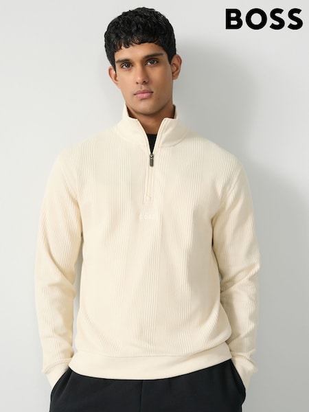 BOSS White Cotton Zip Neck Sweat Top (AV9184) | €140