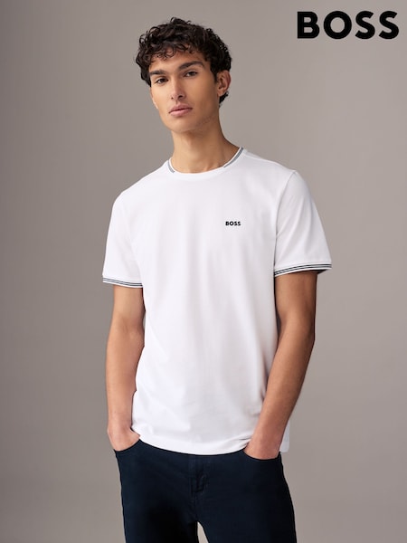 BOSS White Taul Stripe Cotton Pique T-Shirt (AV9185) | 220 SAR