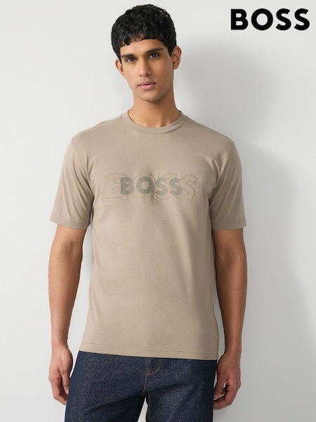 BOSS Beige Double Logo Graphic Print 100% Cotton Jersey T-Shirt (AV9199) | 335 QAR