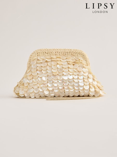 Lipsy Cream Raffia Shell Clutch 100% Cotton Bag (AV9410) | ₪211