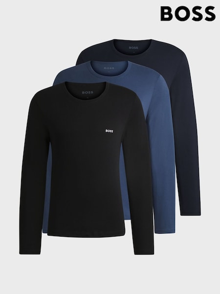Musta/Sininen/laivasto - BOSS Logo Pitkä hiha 100% puuvilla t-paidat 3 pakkaus (AV9415) | €65
