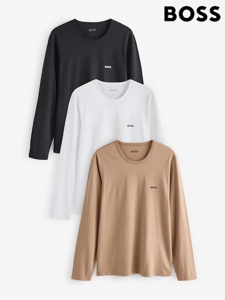 BOSS Black/White/Tan Logo Long Sleeve 100% Cotton T-Shirts 3 Pack (AV9420) | 188 SAR