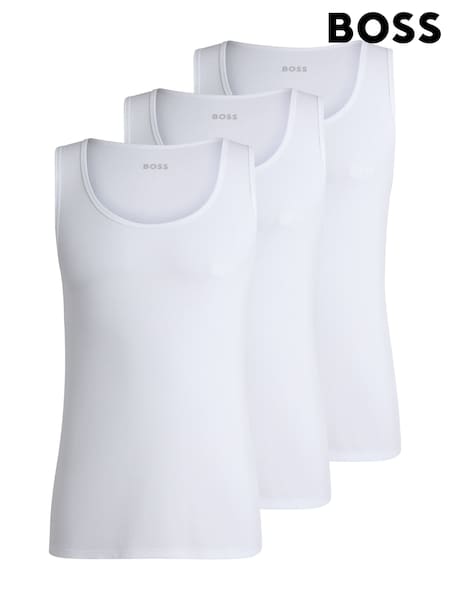 BOSS White Ribbed 100% Cotton Vest Tops 3 Pack (AV9425) | ₪265