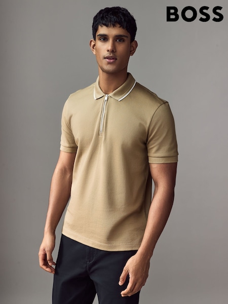 BOSS Natural Regular Fit Zip Placket Structured Polo Shirt (AV9974) | €79