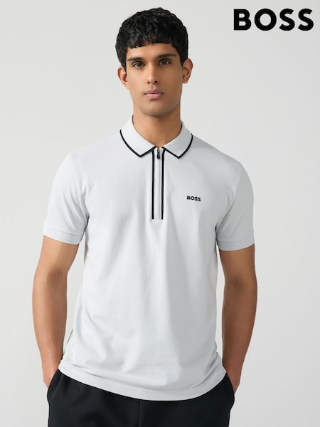 BOSS White Philix Tape Zip Neck Contrast Detail Knit Polo Shirt (AV9976) | 563 QAR