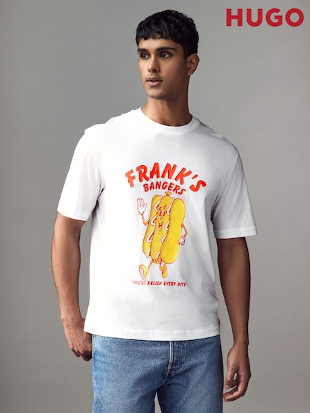 HUGO White Regular Fit Artwork 100% Cotton Jersey T-Shirt (AW0002) | €64