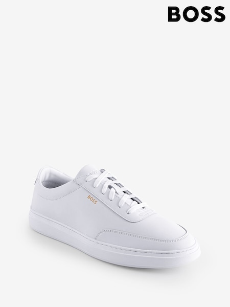 BOSS White Coated Leather Trainers With Gold-Tone Logo (AW0022) | 961 QAR