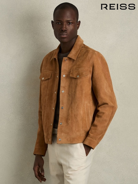 Reiss Tobacco Brown Eden Suede Trucker Jacket (AW0070) | €652