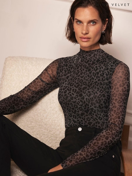 Mint Velvet Grey Animal Print Mesh Top (AW0071) | €37