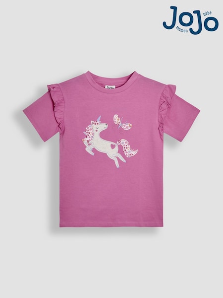 JoJo Maman Bébé Pink Unicorn Appliqué Frill Shoulder T-Shirt (AW0139) | 1,081 UAH - 1,142 UAH