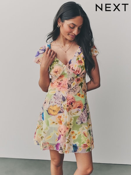 Multicoloured Floral Print Boho Mesh V-Neck Flutter Sleeve Mini Dress (AW0154) | €41