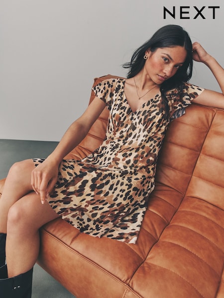 Brown/Black Cow Animal Print Mesh V-Neck Flutter Sleeve Mini Dress (AW0155) | €42