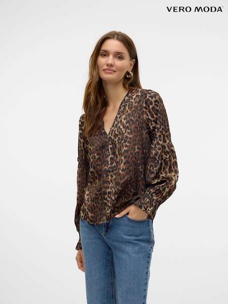 VERO MODA Brown Leopard Print V Neck Blouse (AW0156) | AED221