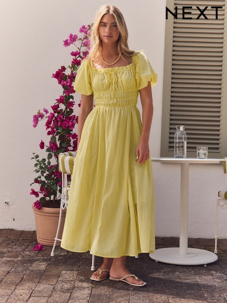 Yellow Puff Sleeve Midi Dress (AW0165) | €58