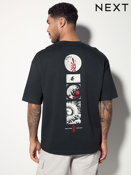 Black Japanese Surf Graphic Print T-Shirt (AW0172) | 99 QAR