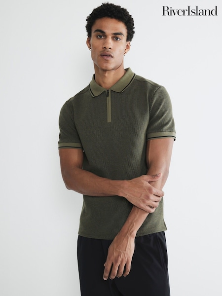 River Island Khaki Green Slim Fit Zip Jacquard Polo T-Shirt (AW0243) | €42