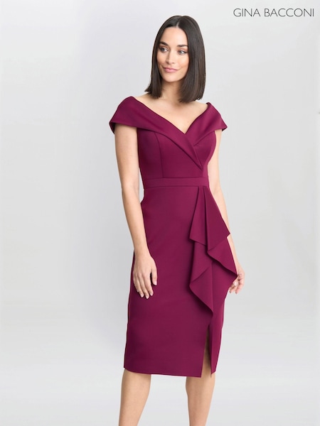 Gina Bacconi Red Miranda Ruffled Off The Shoulder Dress (AW0249) | €275