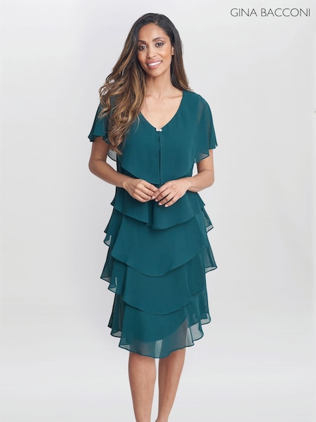 Gina Bacconi Green Bella Georgette Tiered Dress (AW0256) | ‏1,106‏₪