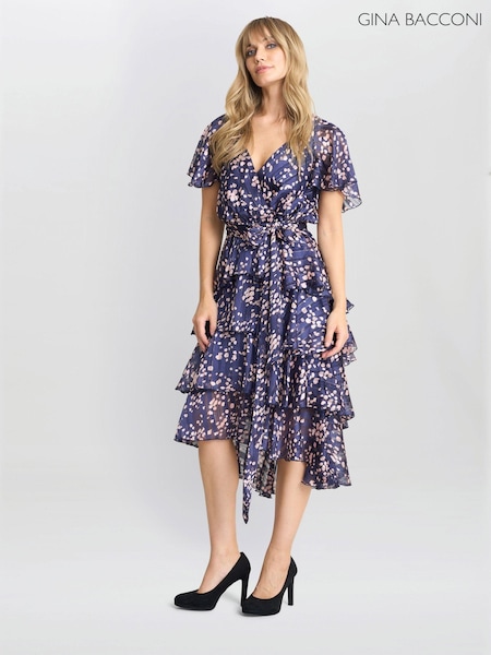 Gina Bacconi Blue Lottie Elastic Waist Tiered Dress (AW0266) | 396 QAR