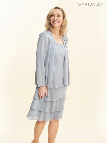 Gina Bacconi Grey Camira Lace Shoulder Bead Tier Jacket Dress (AW0271) | €225