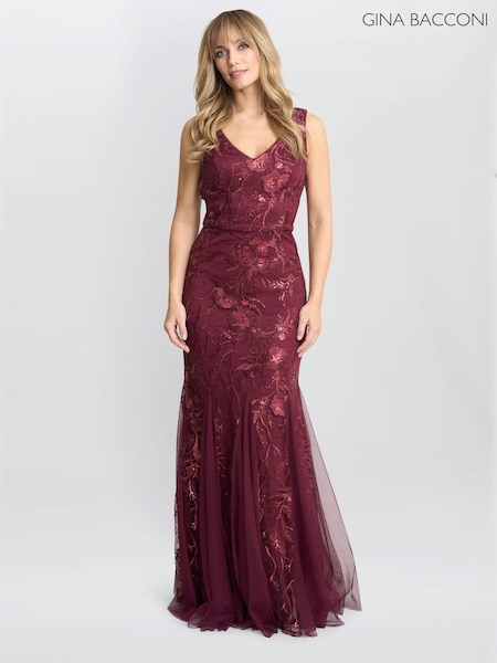 Gina Bacconi Red Evie Sleeveless Maxi Embroidered Sequin Gown (AW0272) | €394