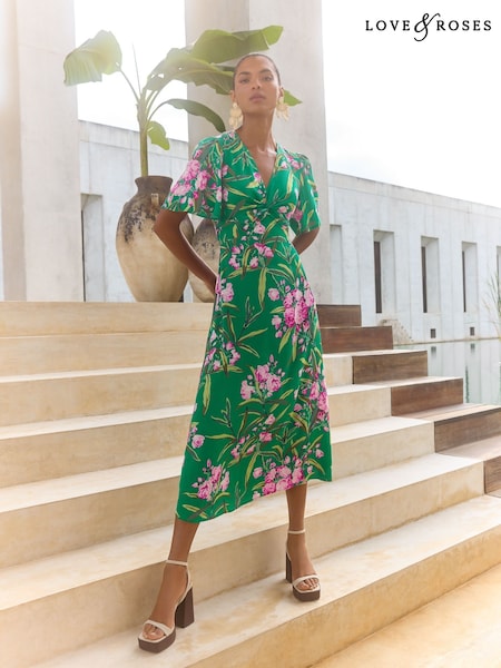 Love & Roses Green Floral Petite Twist Front V-Neck Short Sleeve Midi Dress (AW0377) | $106