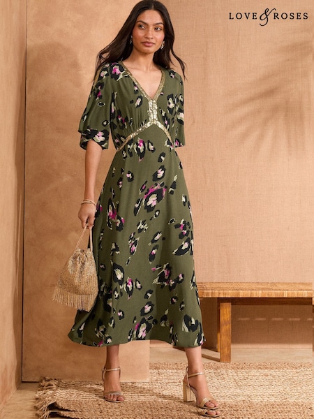 Love & Roses Khaki Green Animal Sequin Angel Sleeve Midi Dress (AW0387) | 322 QAR