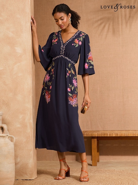 Imprimeu floral - V&A I Love & Roses Embroidered V-Neck Angel Sleeve Midi Dress (AW0393) | 663 LEI