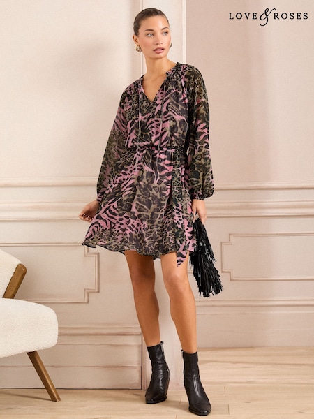 Love & Roses Printed V-neck Tie Belt Long Sleeve Mini Dress (AW0396) | €93